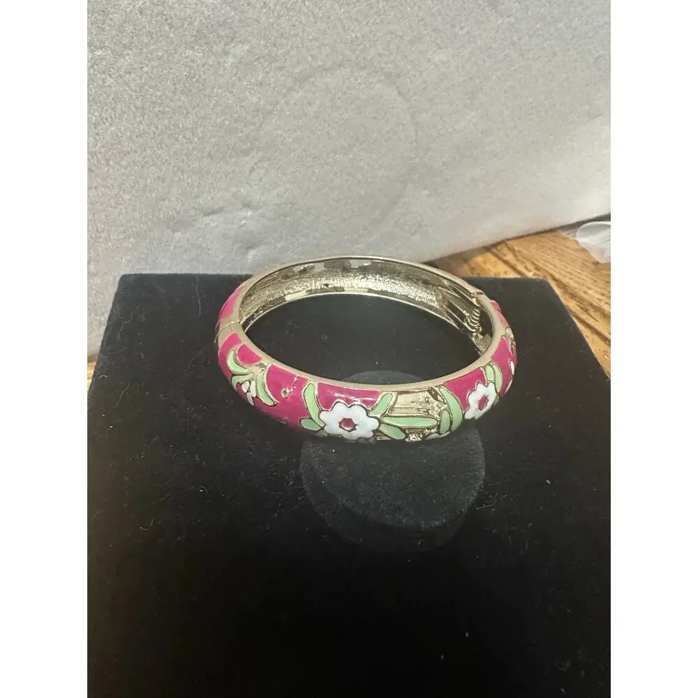 Sequin Nordstrom Pink Floral Gold Tone Statement Enamel Hinge Bracelet #97